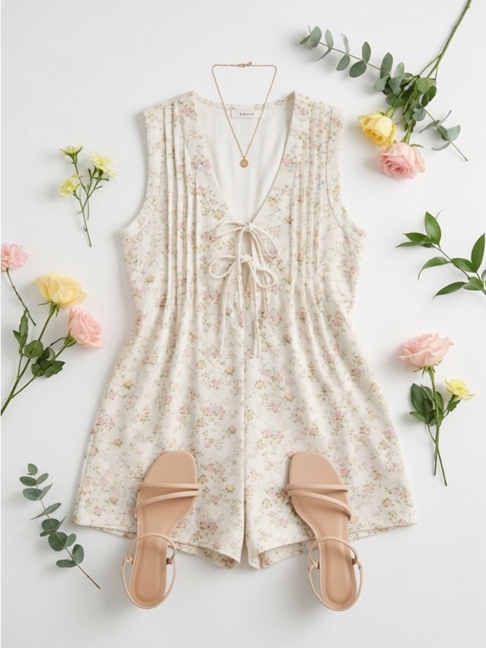 Ivory Floral Tie Front Sleeveless Romper